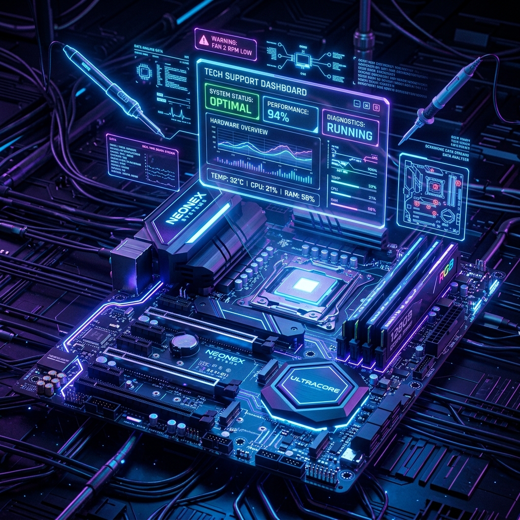 Placa de circuito con luces de neón y tecnología holográfica